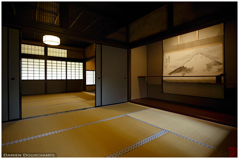 Serene traditional Japanese room with scroll depicting mount Fuji, Obai-in temple, Kyoto, Japan