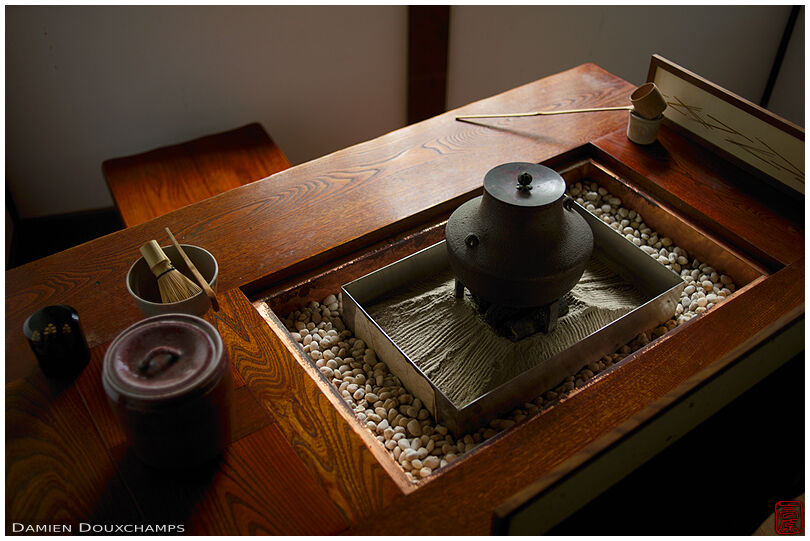 Neatly arrange tea ceremony set in Komyo-in temple, Kyoto, Japan