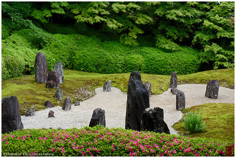 Standing stones and early azalea season in the garden of Kōmyō-in temple, Kyoto, Japan