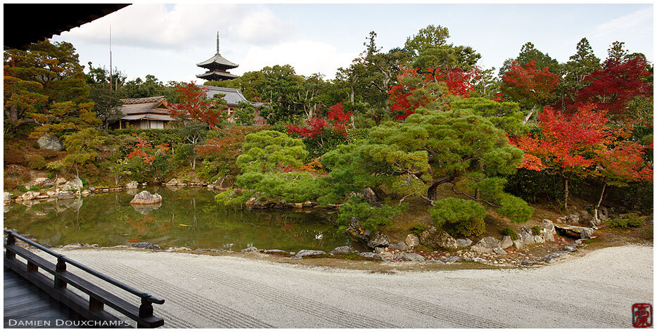 Ninnaji temple pagoda and tea house overlooking pond garden, Kyoto, Japan