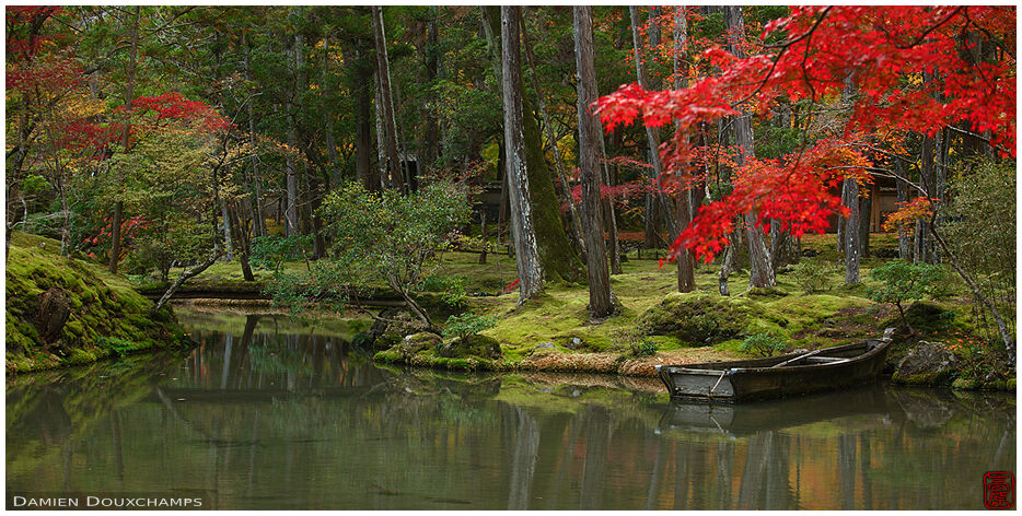 The pond of the Moss temple in autumn, Kyoto, Japan