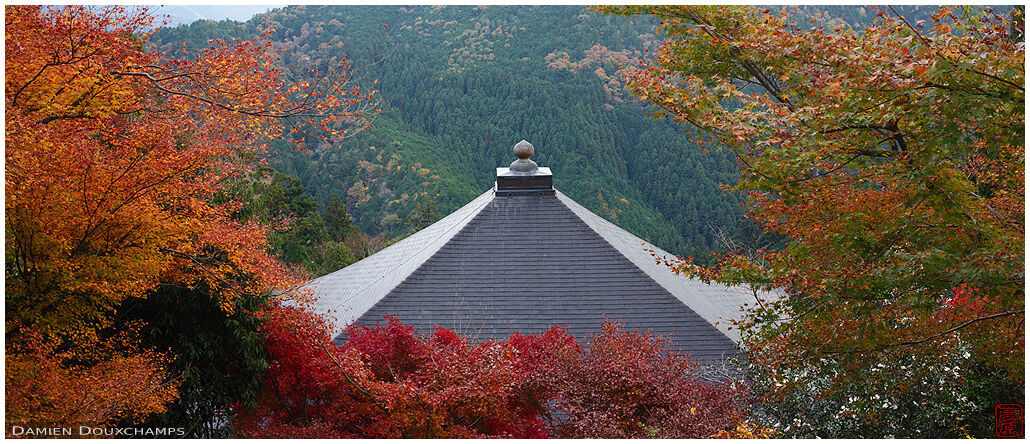 Roof among autumn colours in the Kurama-dera mountain temple, Kyoto, Japan