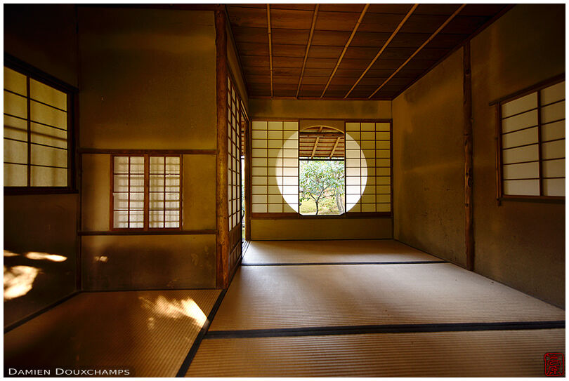 Inside tea room with round window, Seifu-so villa, Kyoto, Japan