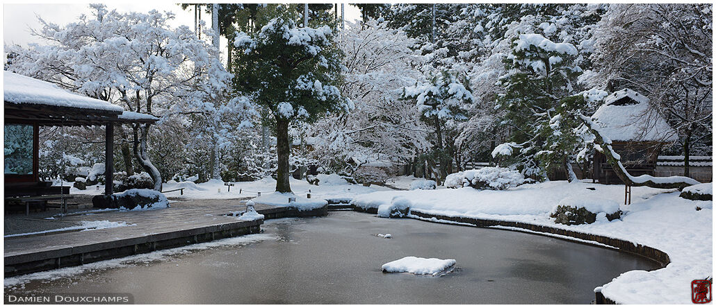 Frozen lake in the Shozan garden, Kyoto, Japan