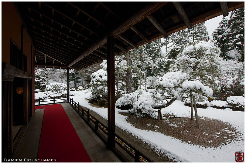 Snow on the garden of Manshuin temple, Kyoto, Japan