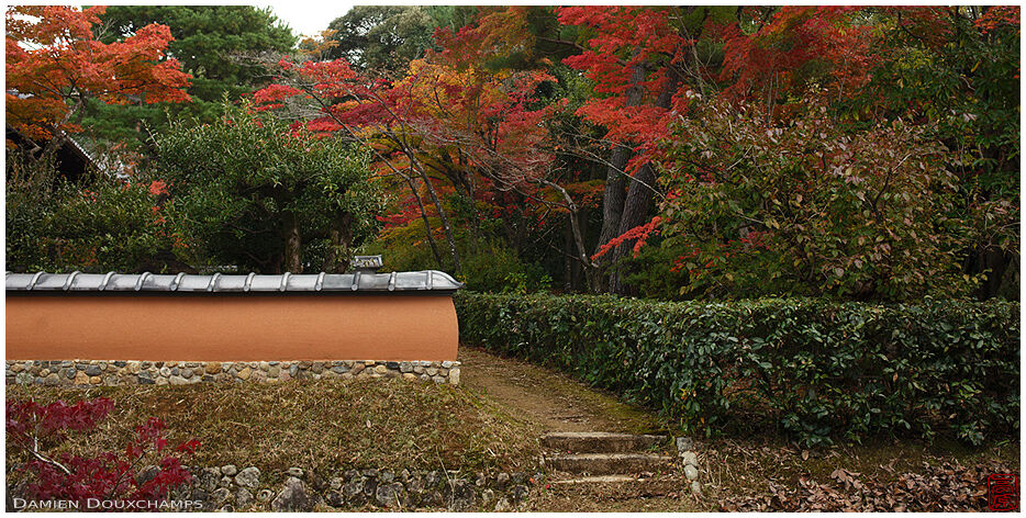 Cute little chubby clay wall with autumn colours in Shodensanso garden, Kyoto, Japan