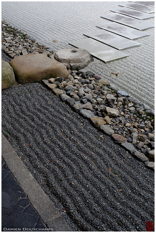 Multiple stone styles used in a zen garden