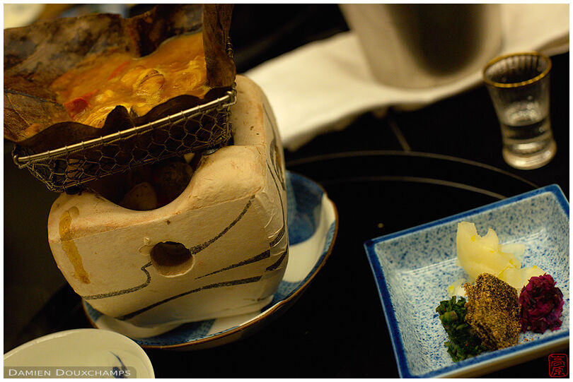 Nabe, tsukemono and sake