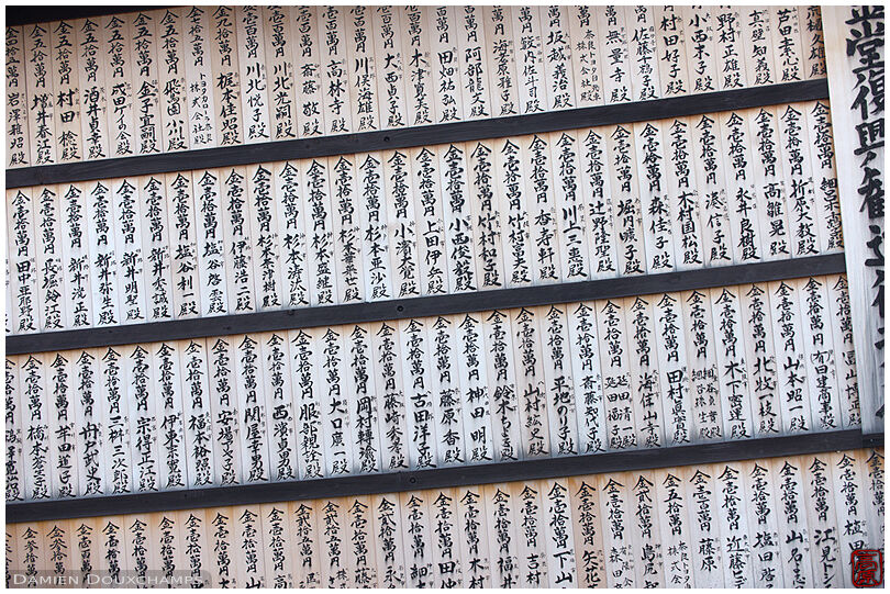 Recent temple donators's name writen on wooden tablets