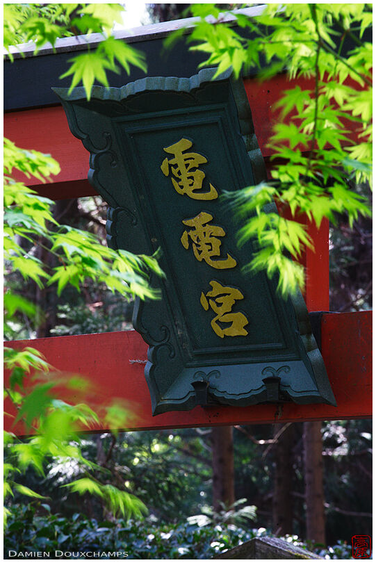 Sign of DenDen-gu (電電宮), a shrine on the grounds of Horin-ji temple, Kyoto, Japan