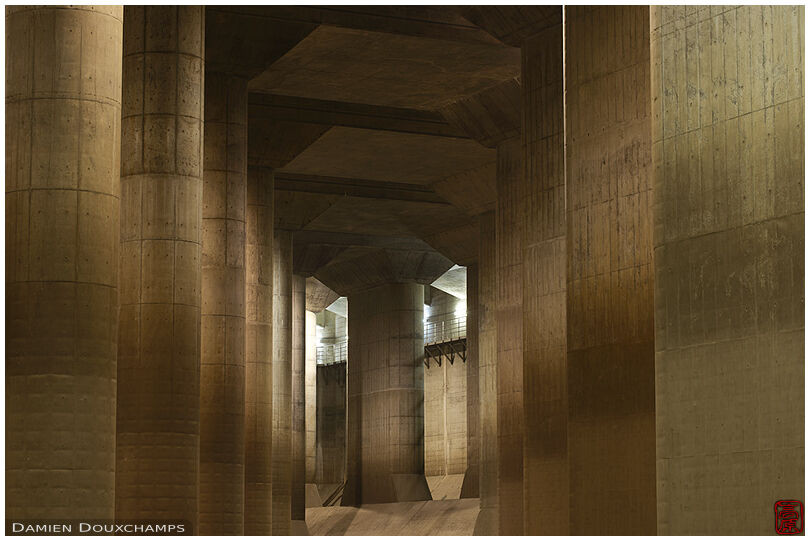 The massive concrete underground water reservoir of the G-Cans system in Tokyo, Japan