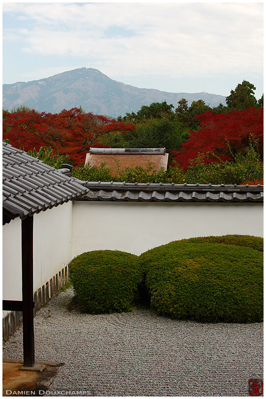 Mount Hiei as borrowed landscape for the zen garden of Shoden-ji temple, Kyoto, Japan