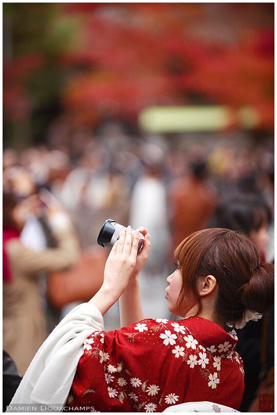 Girl in kimono photographing the autumn colors, Eikan-do temple, Kyoto, Japan