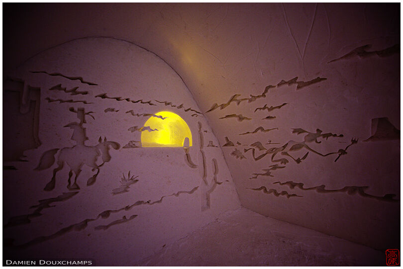 Lucky Luke comic characters carved into snow and ice in the Kemi snow castle, Finland