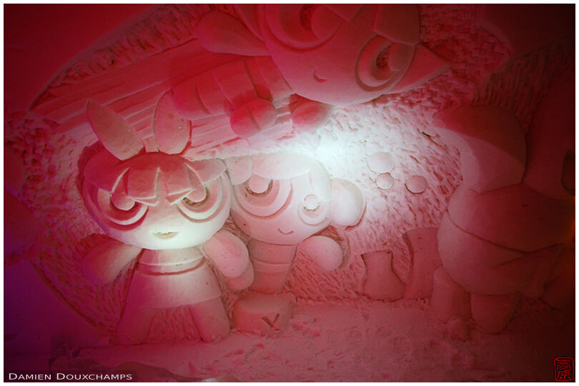 Anime characters sculpted in ice, Kemi snow castle, Finland
