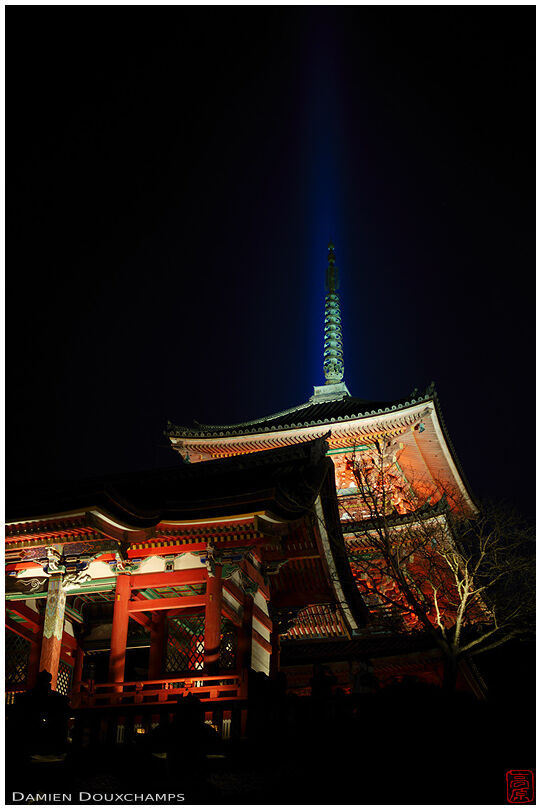 Pagoda at night with blue light beam, Kiyomizudera