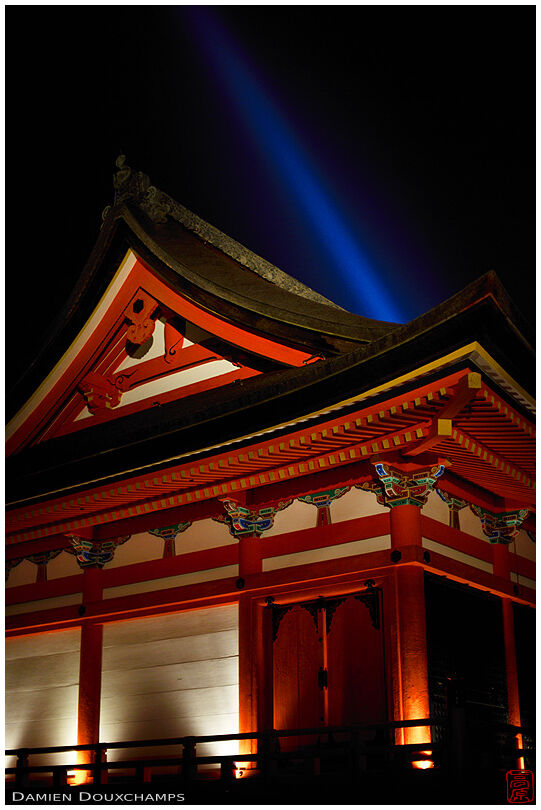 Temple hall at night with blue light beam, kiyomizudera