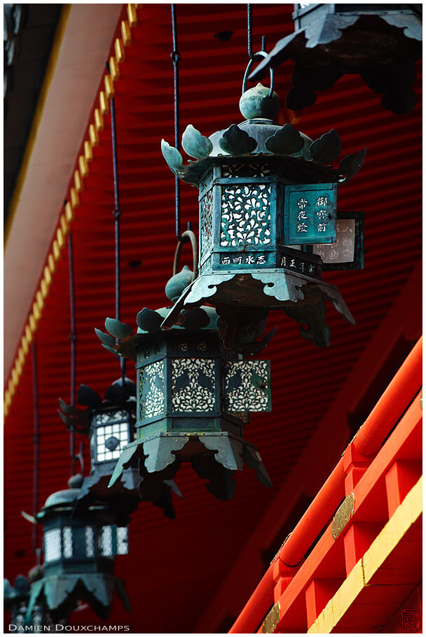 Old lanterns handing in Iwashimizu Hachimangu shrine, Kyoto, Japan