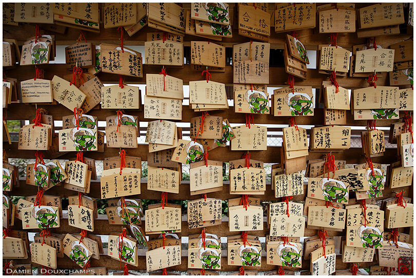 Wishes written on ema votive offerings with god of wind motif