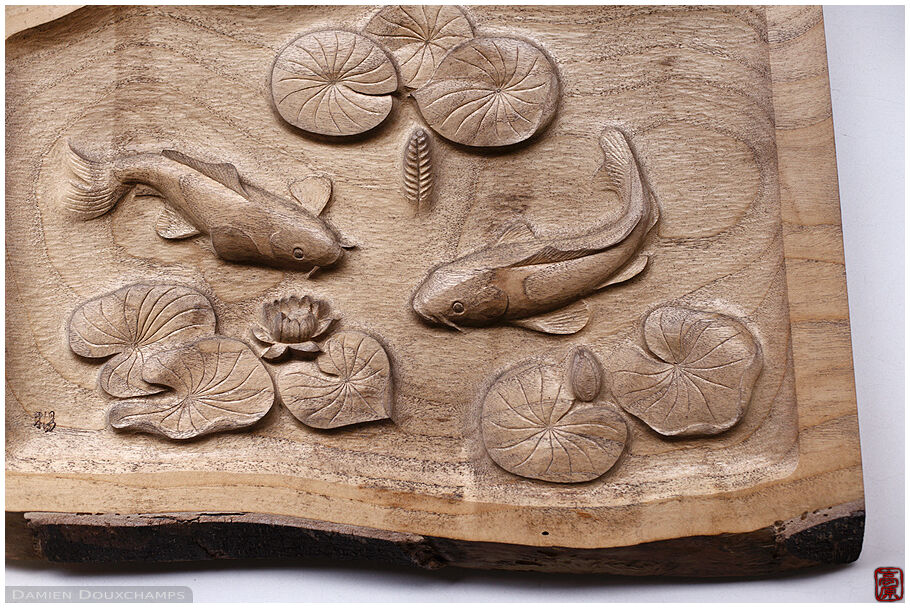 Wooden sculpture of caprs in pond, Shobo-ji temple