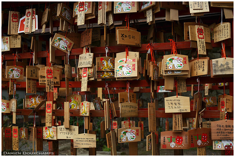 Whishes written on ema tablets of various shapes, Yoshida shrine