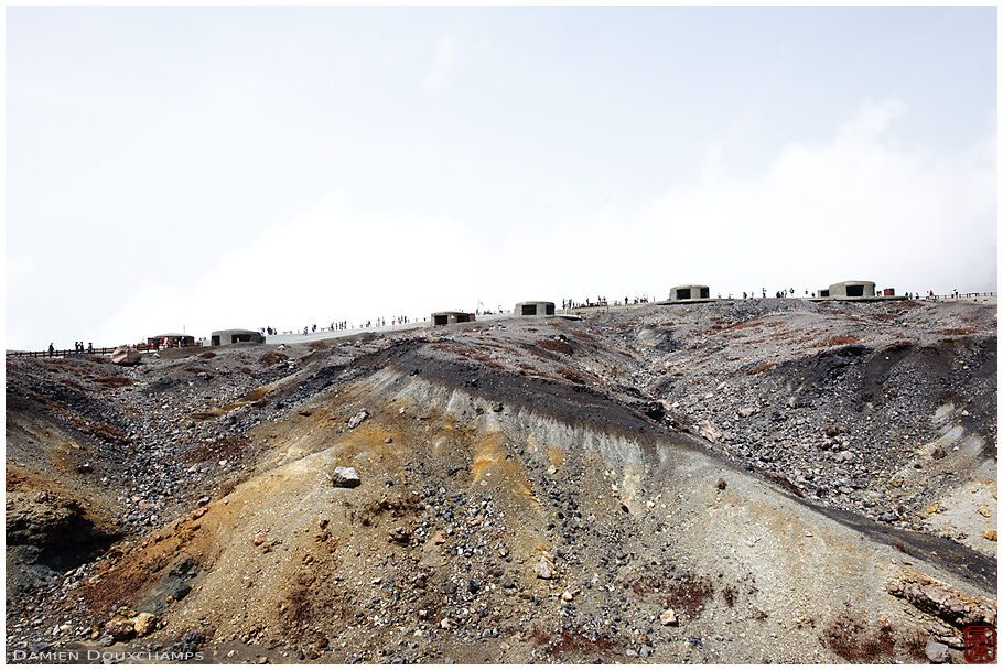 Protection bunkers along the promenade around Mt. Aso crater