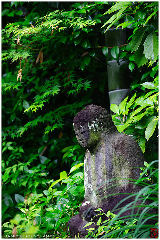 Weathered Budah statue among green vegetation, Hakusa-sonso villa gardens