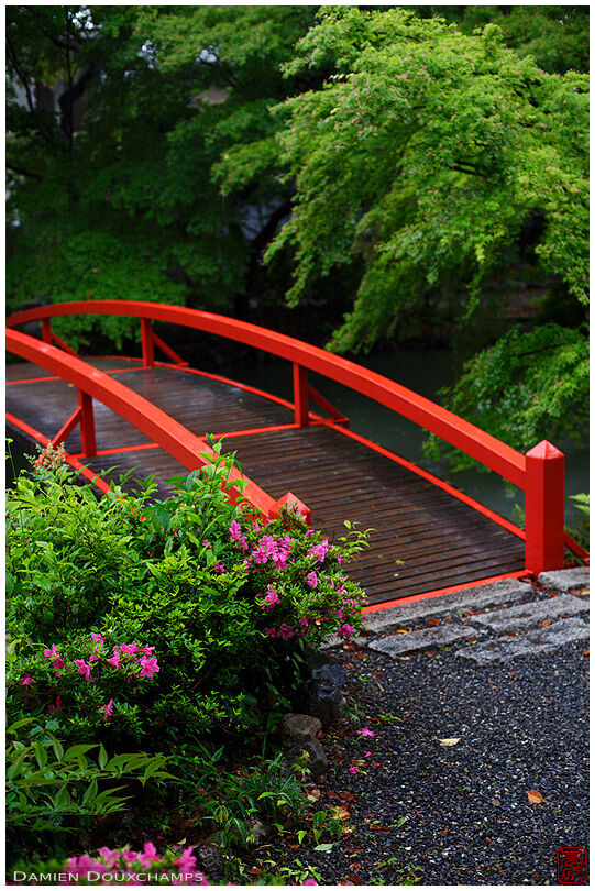 Red bridge in temple garden