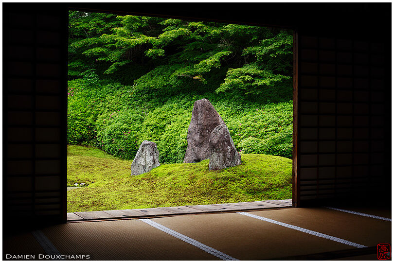 Window on moss and rock garden, Komyo-in temple
