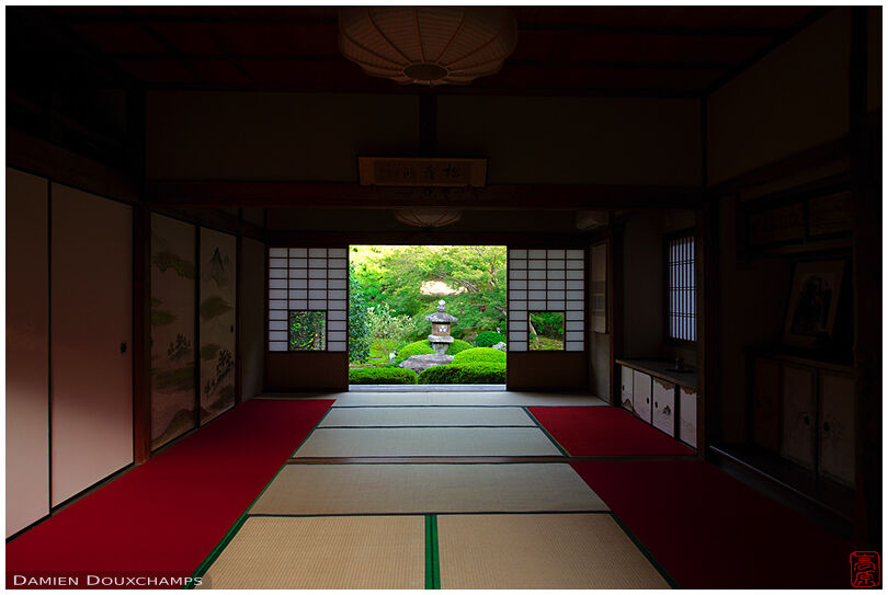 Traditional Japanese room with with on zen garden with lantern, Unryu-in temple