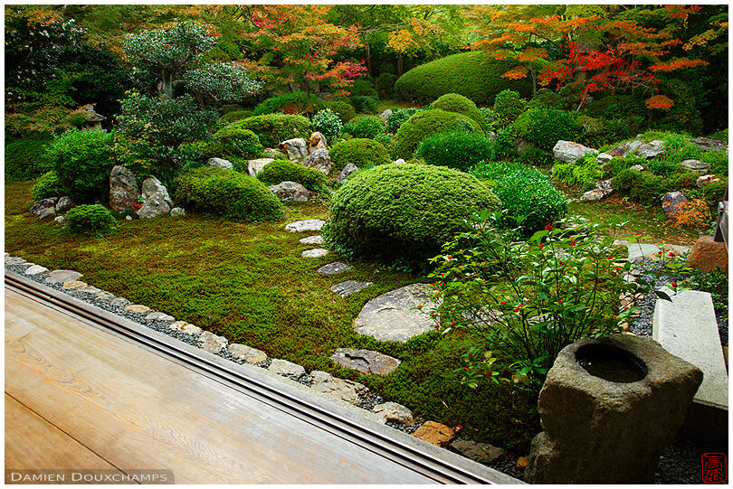Zen garden in autumn with tsukubai water basin, Genko-an temple