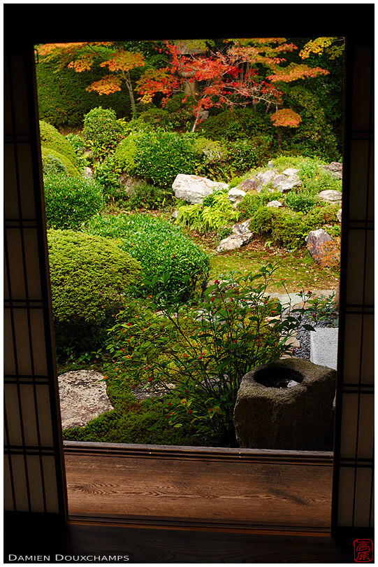 Desk with window on zen garden in autumn, Genko-an temple