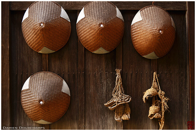 Monk hats and sandals hanged on wall, Taizo-in temple