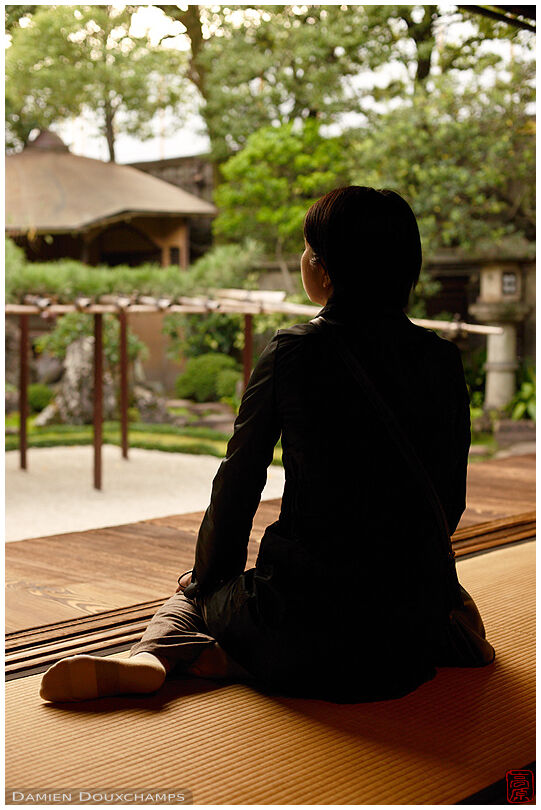 Visitor watching the dry landscape garden, Sumiya house
