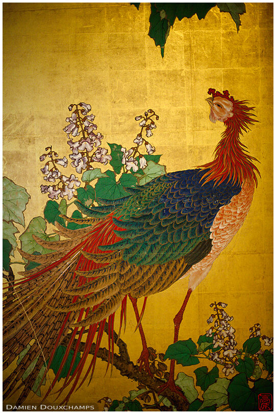 Peacock painting on gold-covered wall, Sumiya house