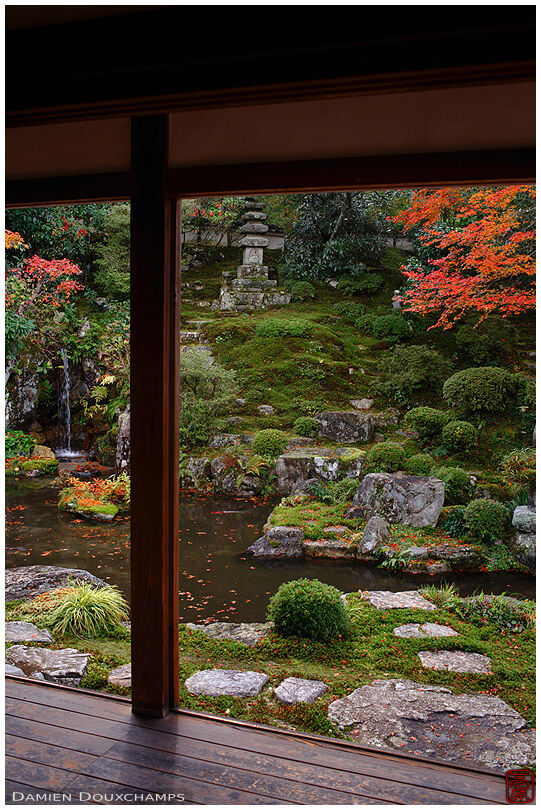 Small waterfall and pond in zen garden, Jikko-in temple