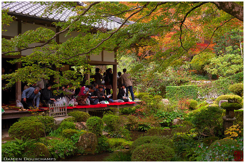 Tourists watching zen garden in autumn, Sanzen-in temple