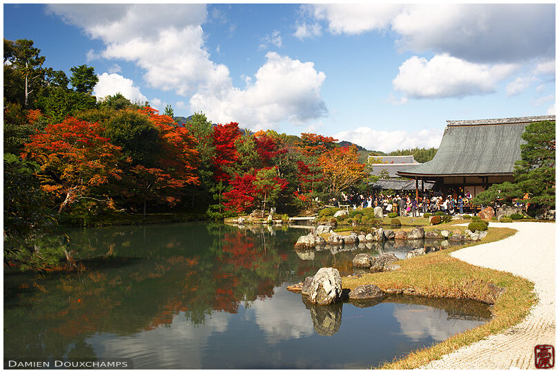Tourists watching zen garden pond in autumn, Tenryu-ji temple