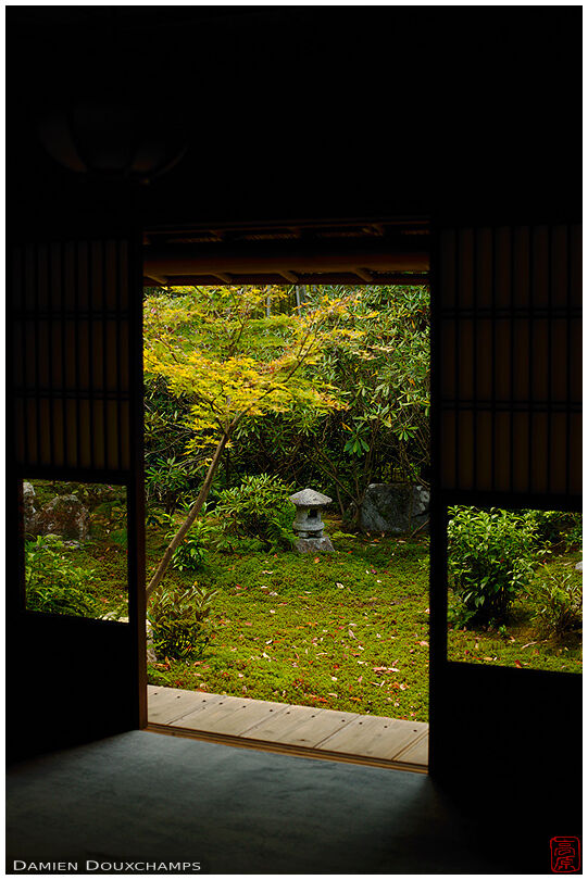 Stone lantern in moss garden, Jikishi-an temple