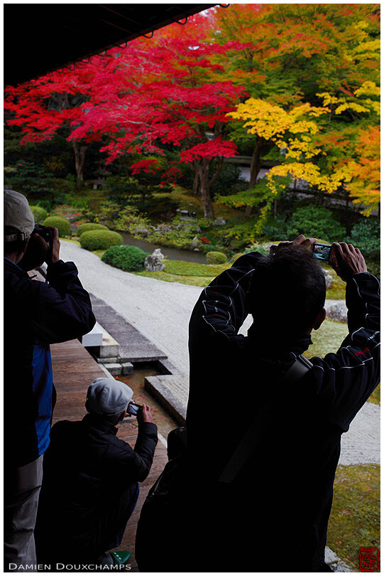 Tourists photographing Senyu-ji temple zen garden in autumn