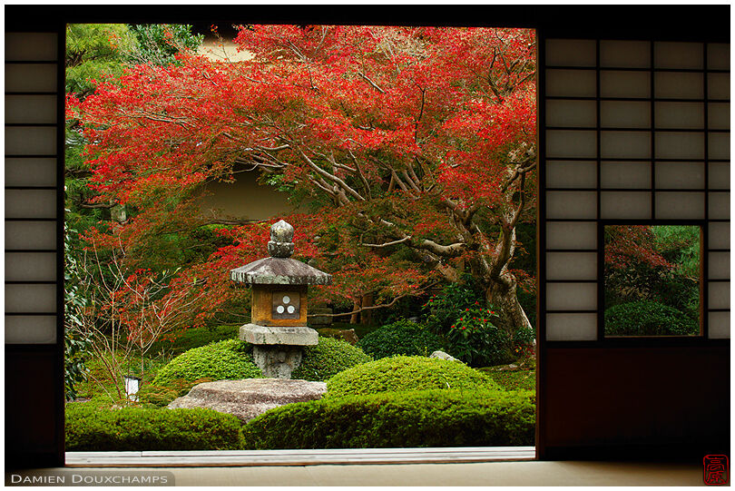 Stone lantern in zen garden with autumn colours, Unryu-in temple