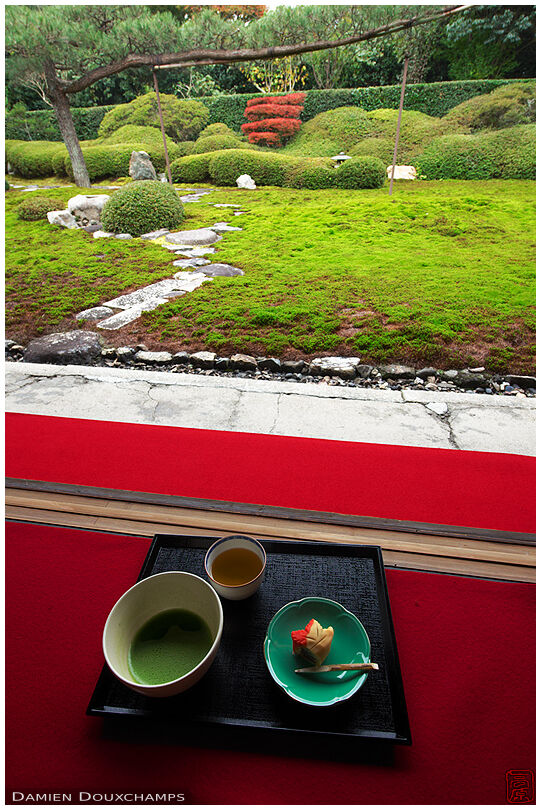 Green tea and sweet set while watching Ikkai-in temple zen garden