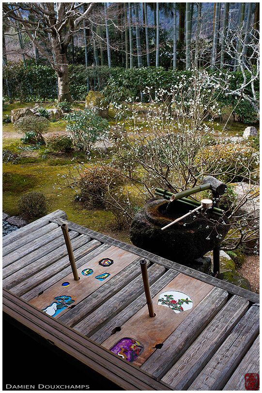 Wooden terrace with tsukubai