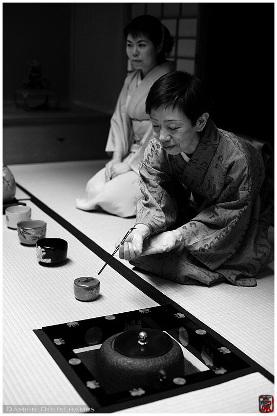 Receiving explanations from a master after tea ceremony in Kodai-ji temple, Kyoto, Japan