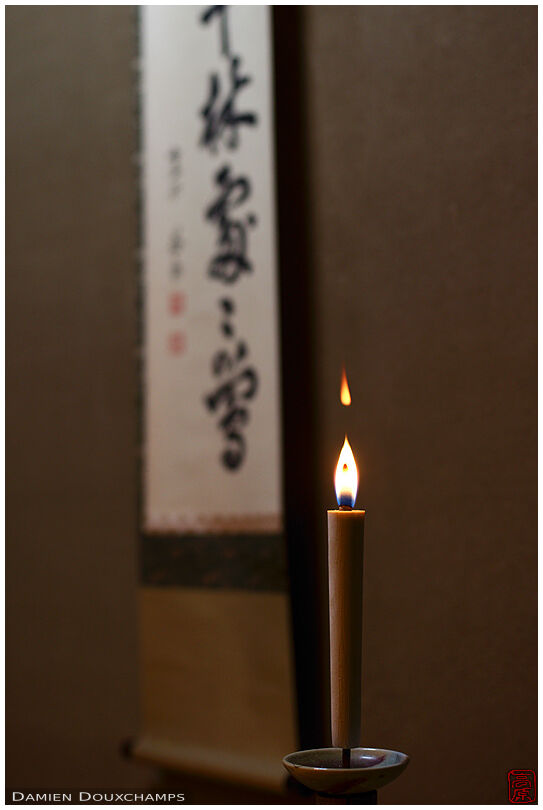 Candle and scroll in tea room tokonoma alcove, Kodai-ji temple, Kyoto, Japan