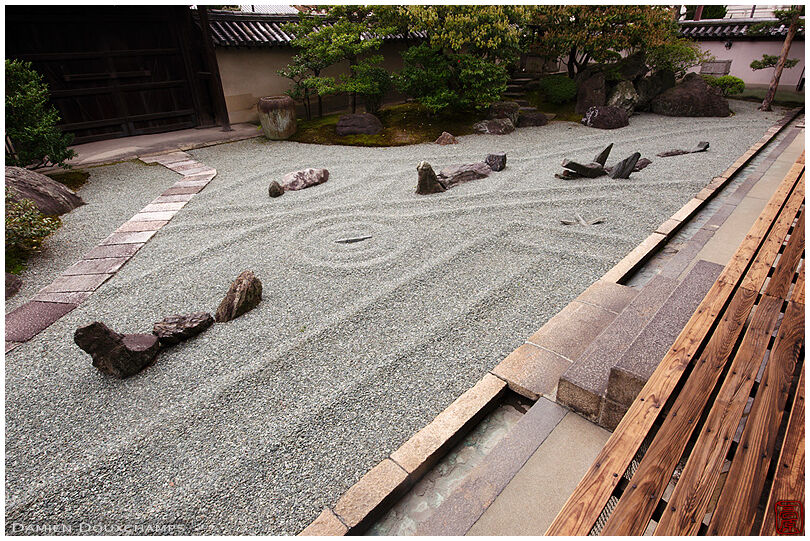 Rock garden with dragon, turtle and boats depicted with stones, Kanchi-in temple, Kyoto, Japan