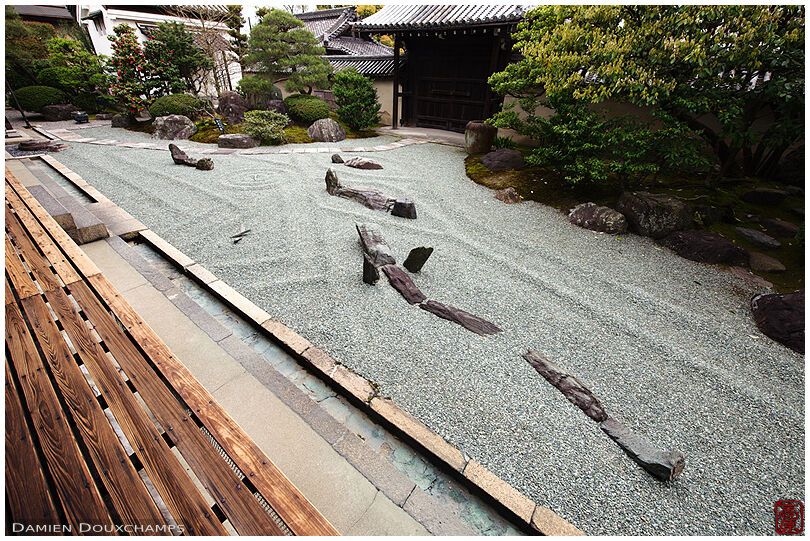 Boat, turtle and dragon-shaped composition in the rock garden of Kanchi-in temple, Kyoto, Japan