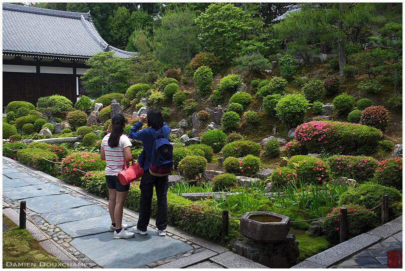 Tourist couple in the rhododendron garden of the founder's hall of Tofuku-ji temple, Kyoto, Japan