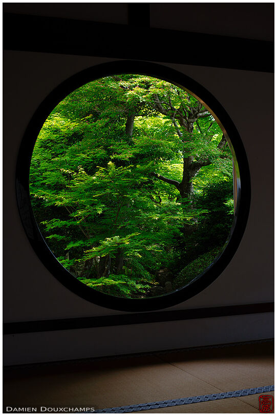 Lush vegetation through the round window of enlightenment in Genko-an temple, Kyoto, Japan