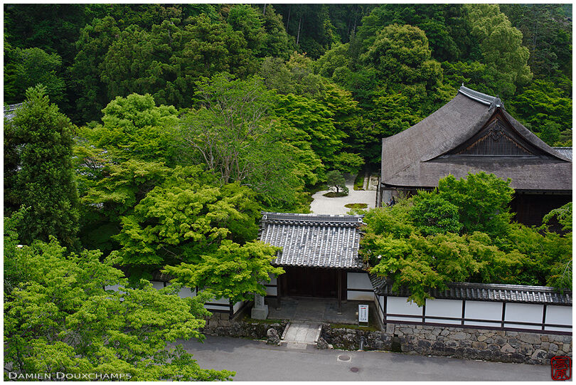 Aerial view of Tenju-an temple in spring from the top of Nanzen-ji gate, Kyoto, Japan